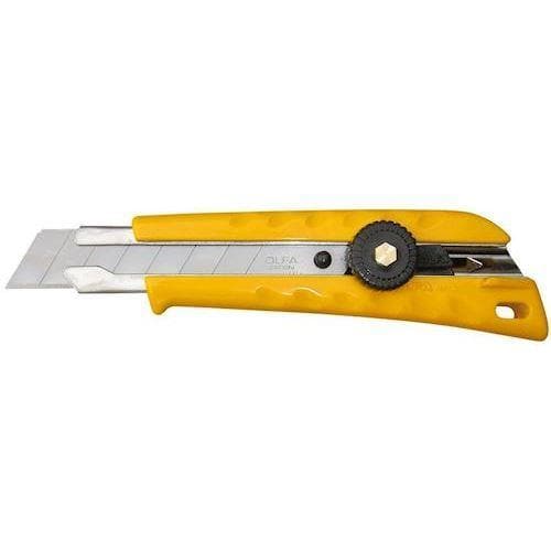 Gul hobbykniv med 45° blad, sort justeringshjul og hul i håndtagets ende.