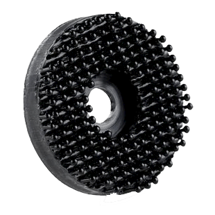 Rundt sort fastgørelseselement med hul i midten og tæt overflade af små stængler fra 3M Dual Lock.