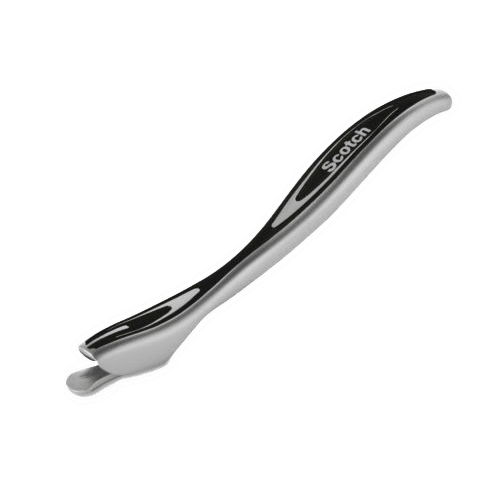 Håndholdt værktøj med buet form, spids ende og ergonomisk greb. Mærket "Scratch."