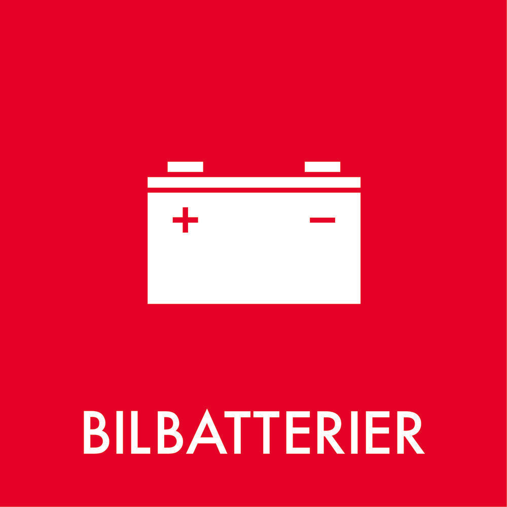 Rød baggrund med hvidt batteriikon og teksten "BILBATTERIER" med plus og minus symboler.