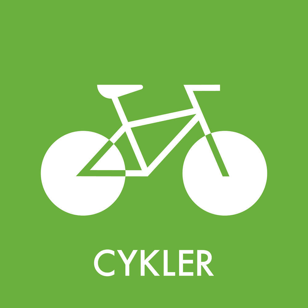Grøn baggrund med hvidt cykelikon og teksten "CYKLER" nedenunder.