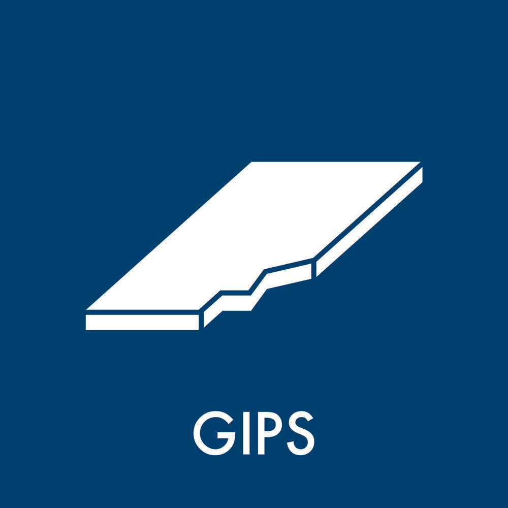 Hvidt gipsikon med teksten "GIPS" på en blå baggrund.