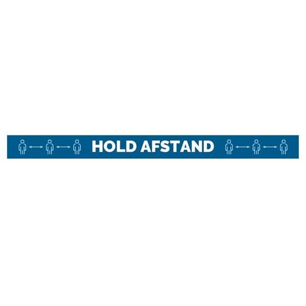 Blå gulvsticker med "HOLD AFSTAND" og hvide piktogrammer for social afstand.