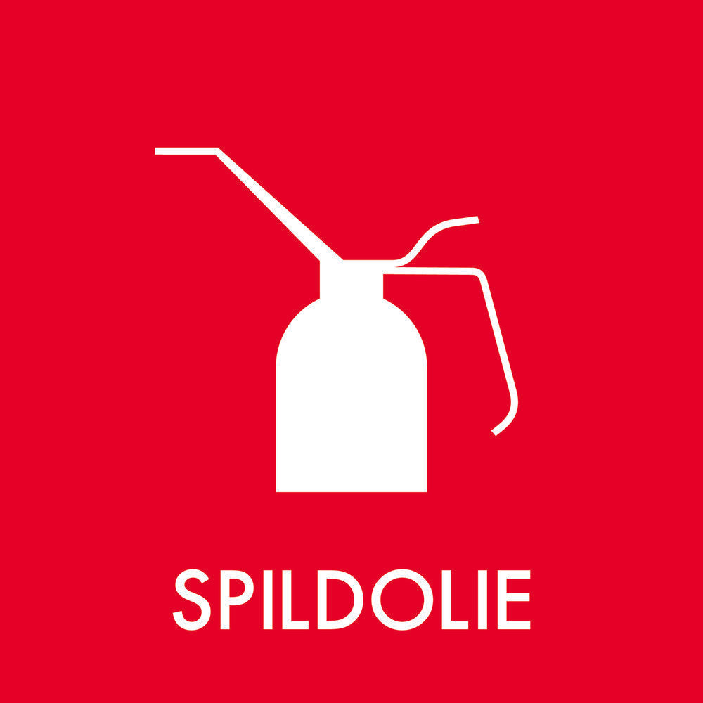 Rødt klistermærke med hvidt oliekan-symbol og teksten "SPILDOLIE" på dansk.