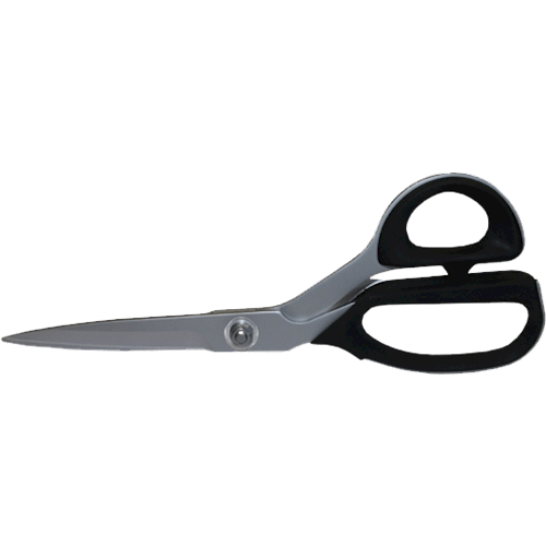 Saks med skinnende metalblade, sort håndtag og synlig skrue til justering af bladspænding.