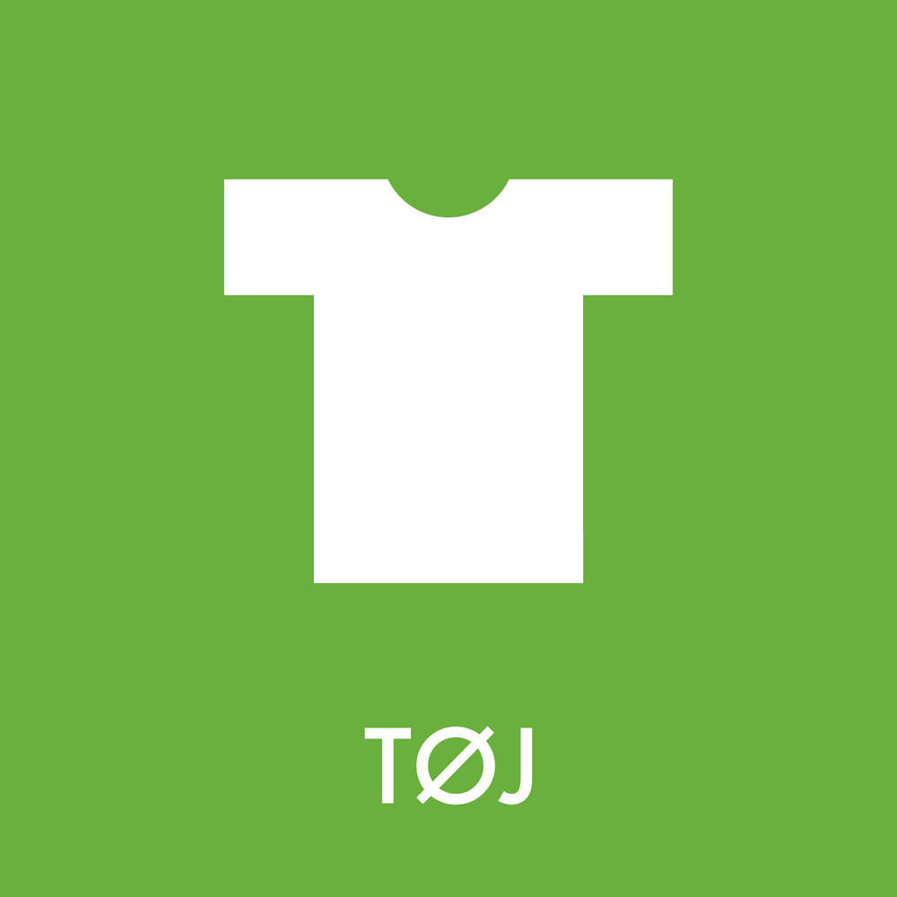 Grøn baggrund med hvid T-shirt ikon og teksten "TØJ" nedenunder, som betyder "tøj" på dansk.