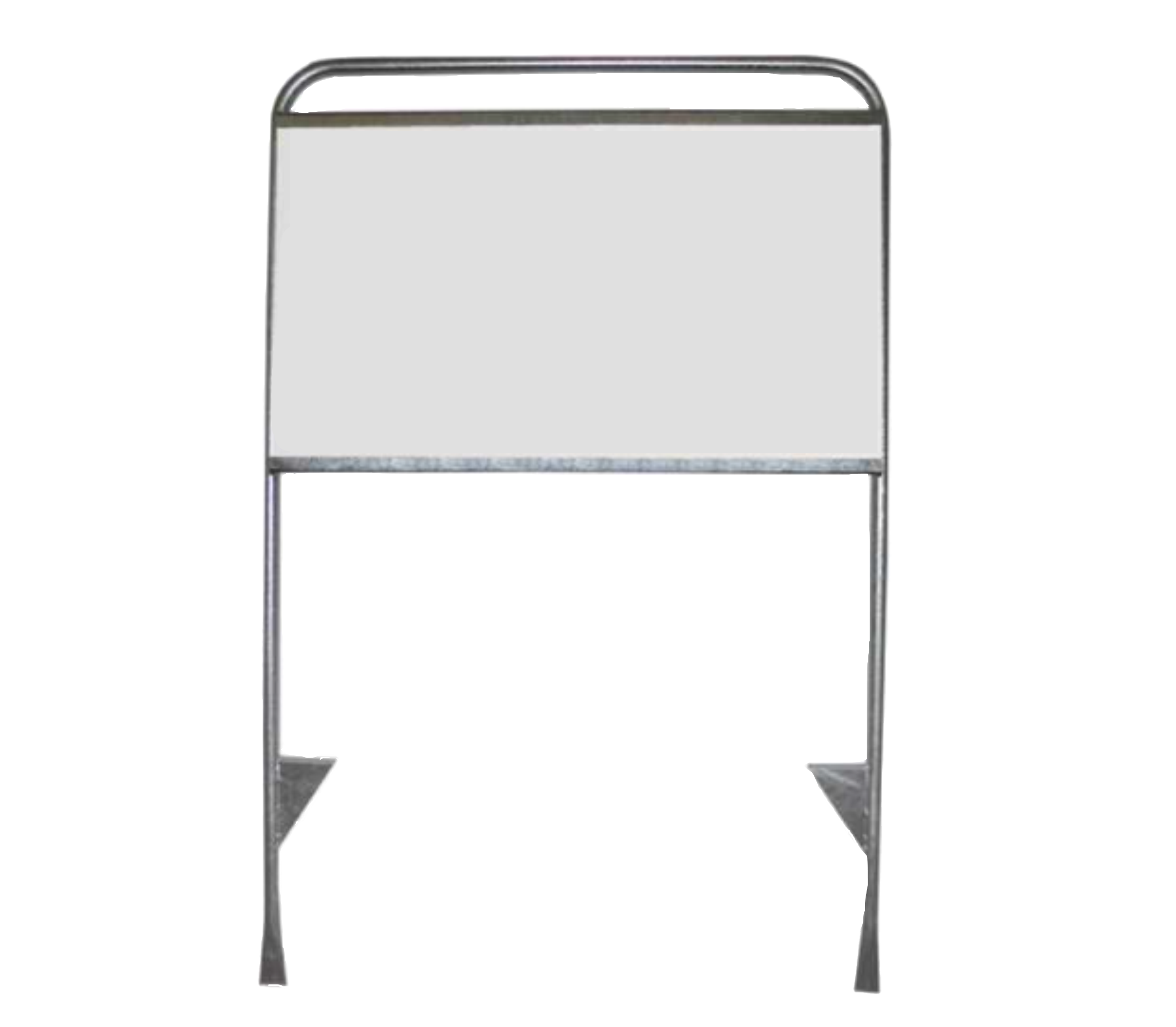 Stålramme med rektangulært, hvidt skilt i midten. Stabilt design med to ben og jordspyd.