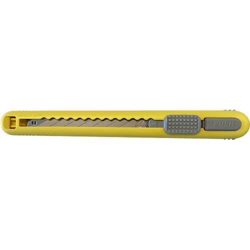 Gul NT Injector Kniv med magasin, tekstureret greb og lige design. Bladmekanisme ikke synlig.