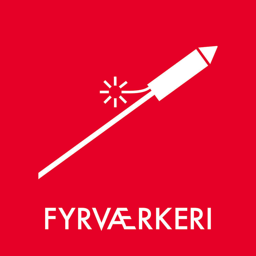 Rød baggrund med hvidt fyrværkeri-ikon og teksten "FYRVÆRKERI" i store bogstaver.