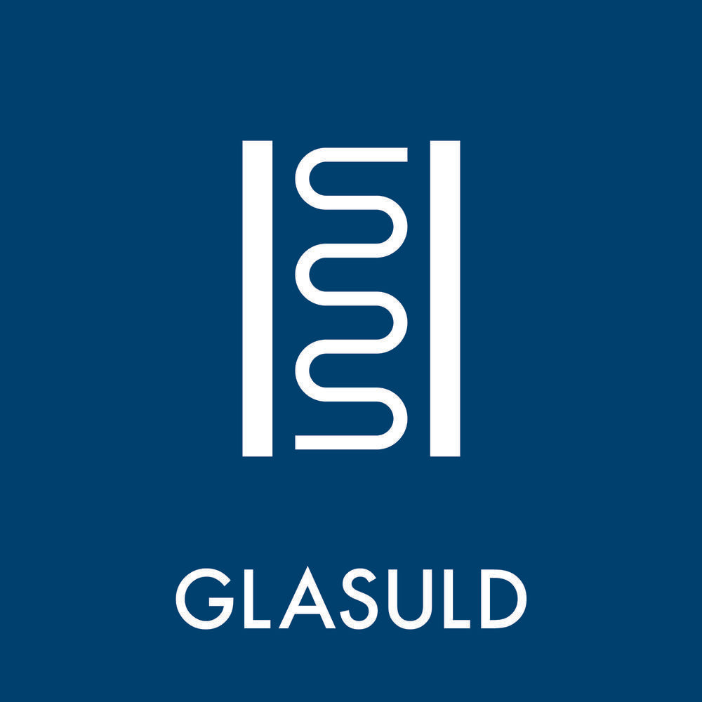 Hvidt grafisk symbol og teksten "GLASULD" på blå baggrund. Minimalistisk design.