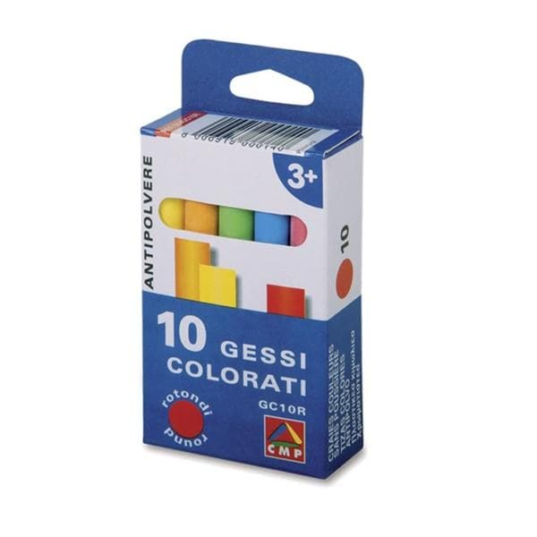 Æske med 10 farvede kridt, støvfri, blå/hvid emballage, italiensk tekst, vindue viser kridt.