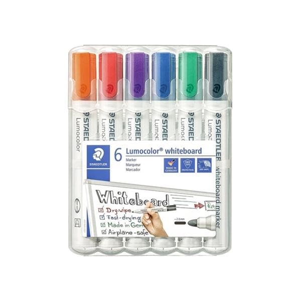 Sæt med 6 Staedtler Lumocolor whiteboardmarkører i klar plastæske, farvede hætter, bullet tip.