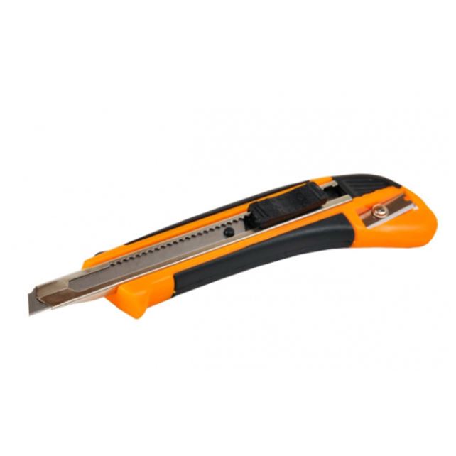 Skarp orange og sort hobbykniv med justerbar, udtrækkelig klinge og en glidemekanisme på toppen.